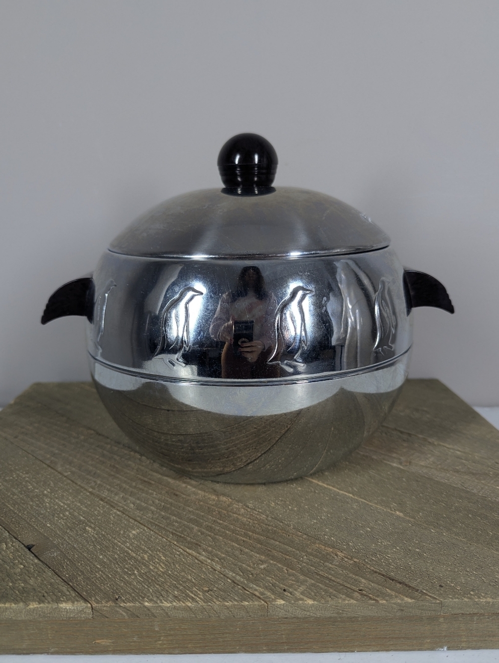 Vintage West Bend Penguin Ice Bucket w/ Tongs Mid Century Barware Chrome USA